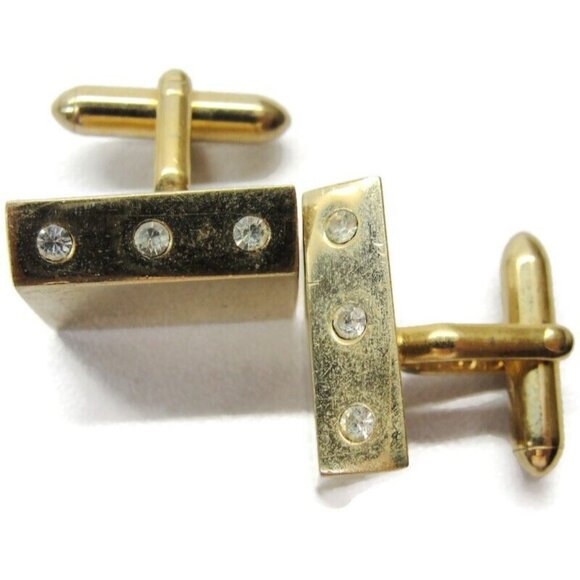 Swank Cufflinks Gold-Tone Rectangular Rhinestone Tux Shirt Dress Suit Vintage - Picture 2 of 9
